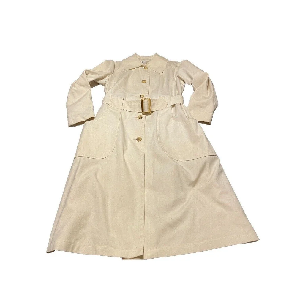 London Fog Off White Maincoat Trench Coat Faux Tortoise Buttons & Buckle - Picture 11 of 16